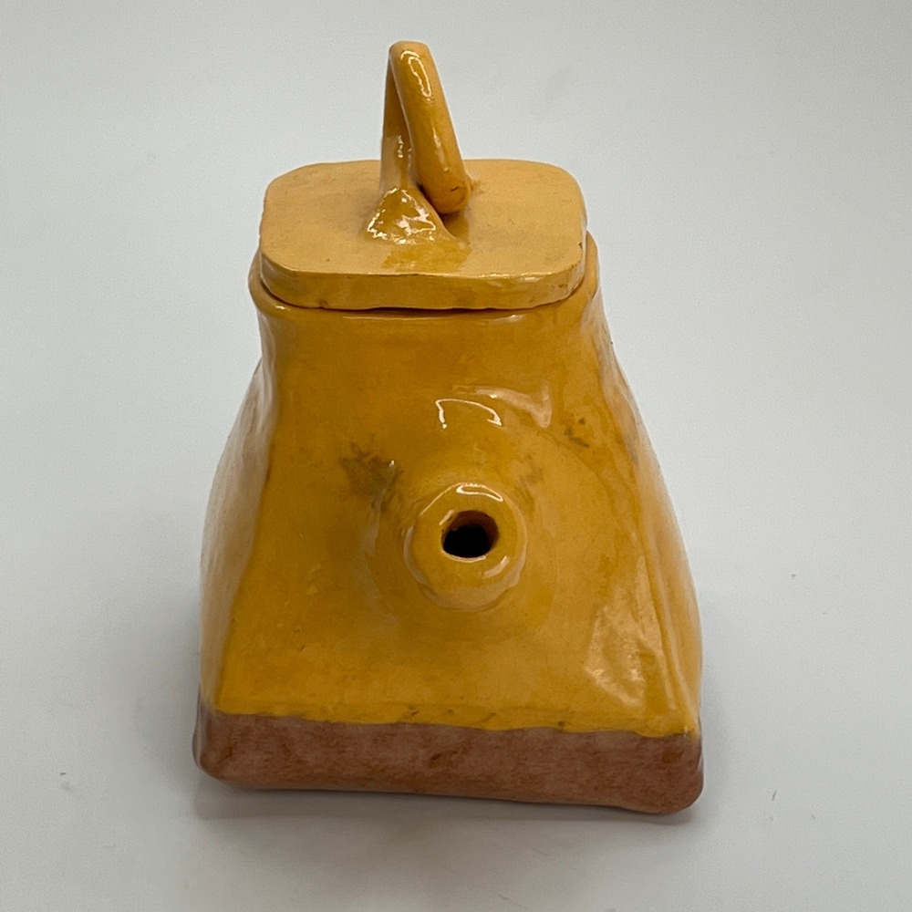 Vintage Mustard Yellow Pottery Teapot, Sculptural Kitchen Shelf Decor - Picture 6 of 7